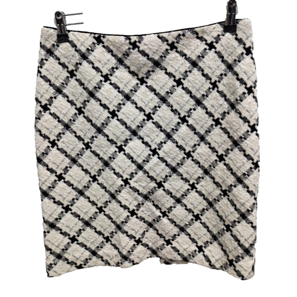 White House Black Market Mini Skirt Sz 6 Cream Black Plaid Tweed Office Academia